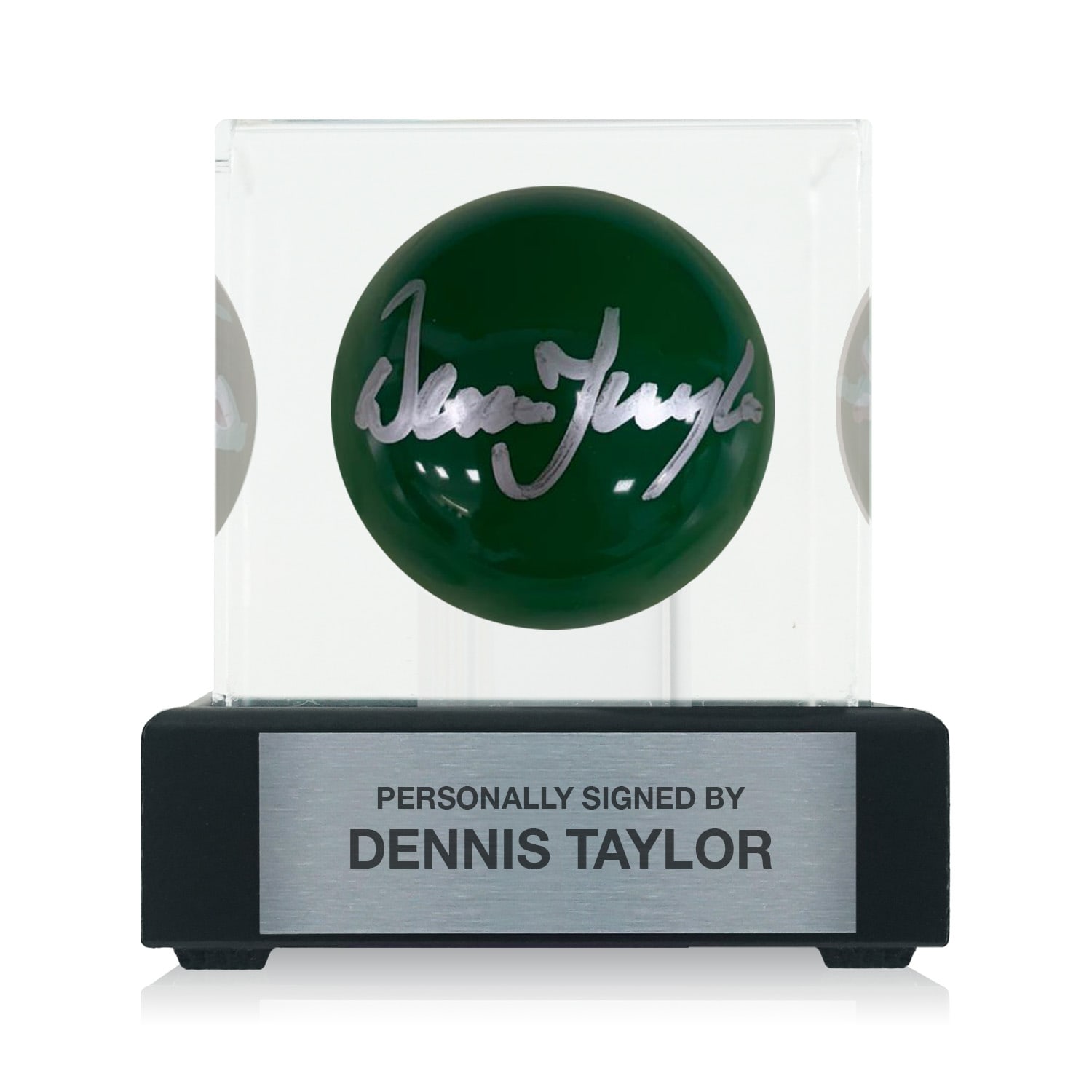 Dennis Taylor Signed Green Snooker Ball. In Display Case With Plaque