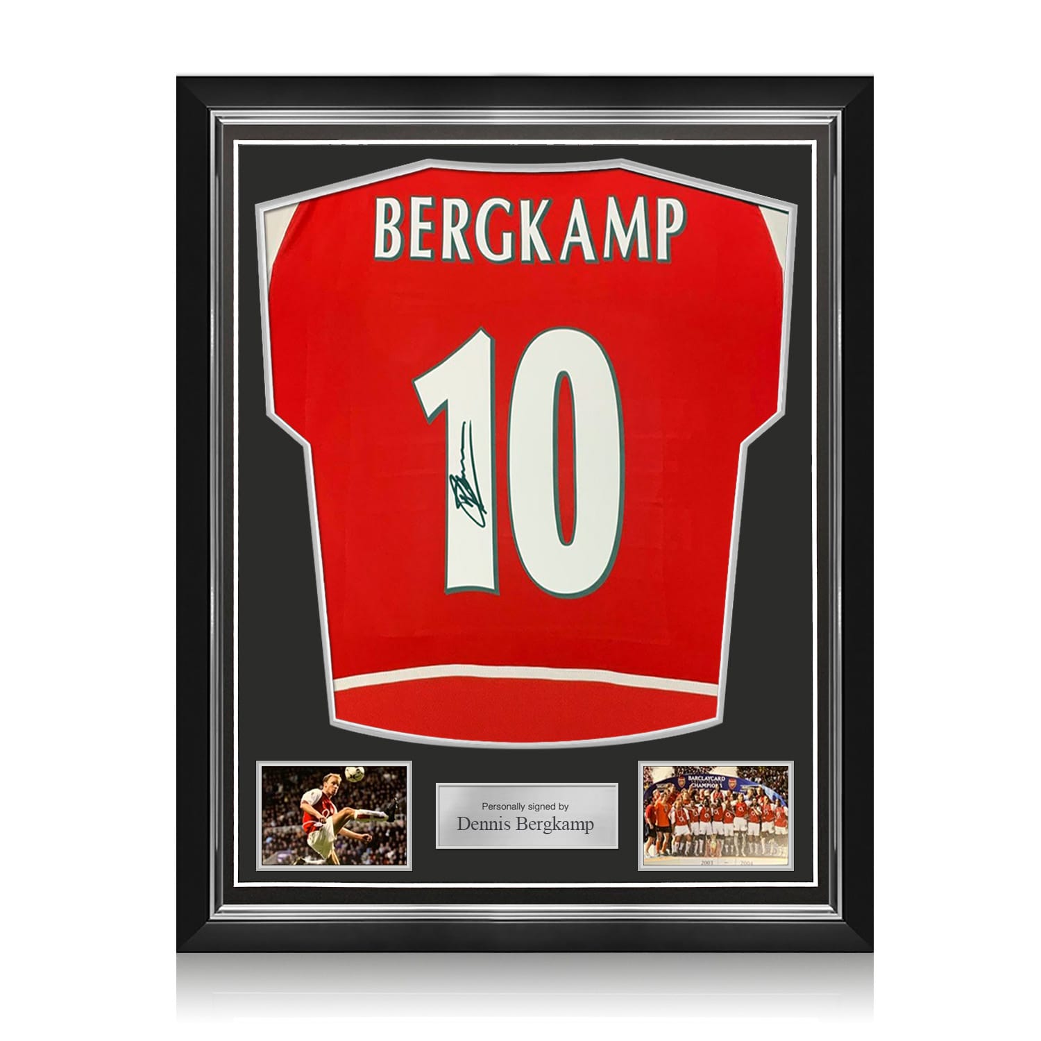 Dennis Bergkamp Signed Arsenal Original 2002-04 Football Shirt (Fan Style Print). Superior Frame