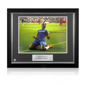 Didier Drogba Signed Chelsea Football Photo: Knee Slide Celebration. Deluxe Frame