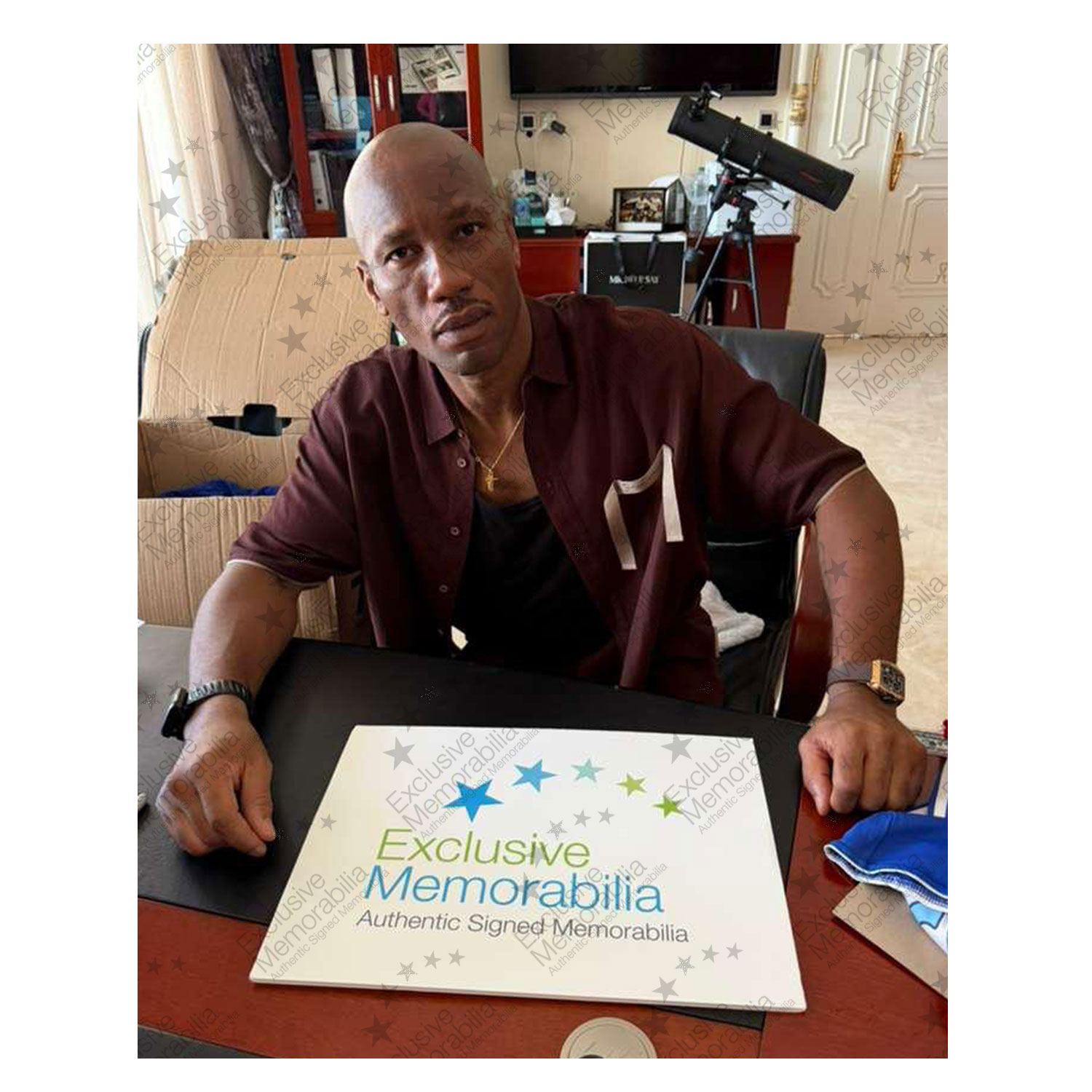 Didier Drogba Signed Chelsea Football Photo: Knee Slide Celebration. Deluxe Frame