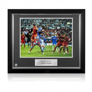 Didier Drogba Signed Chelsea Football Photo: UCL Header. Deluxe Frame
