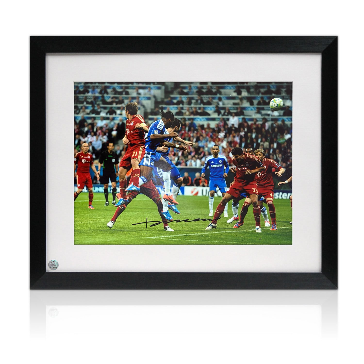 Didier Drogba Signed Chelsea Football Photo: UCL Header. Framed
