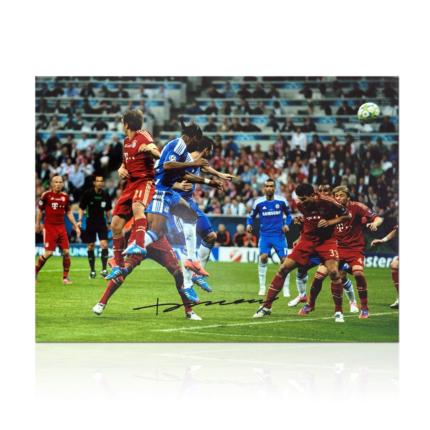 Didier Drogba Signed Chelsea Football Photo: UCL Header