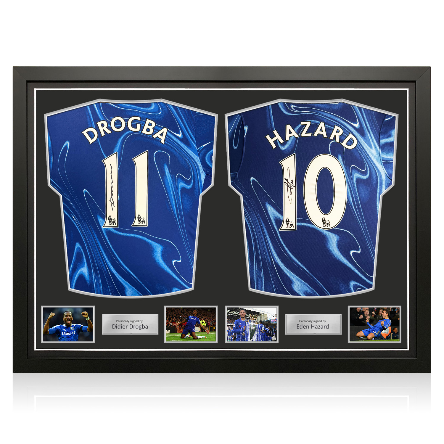 Didier Drogba & Eden Hazard Signed Chelsea 2024-25 Football Shirts. Dual Frame