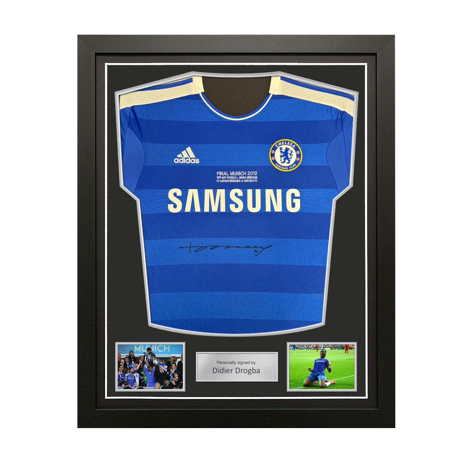 Didier Drogba Front Signed Original Chelsea 2011-12 Football Shirt: UCL Embroidery. Standard Frame