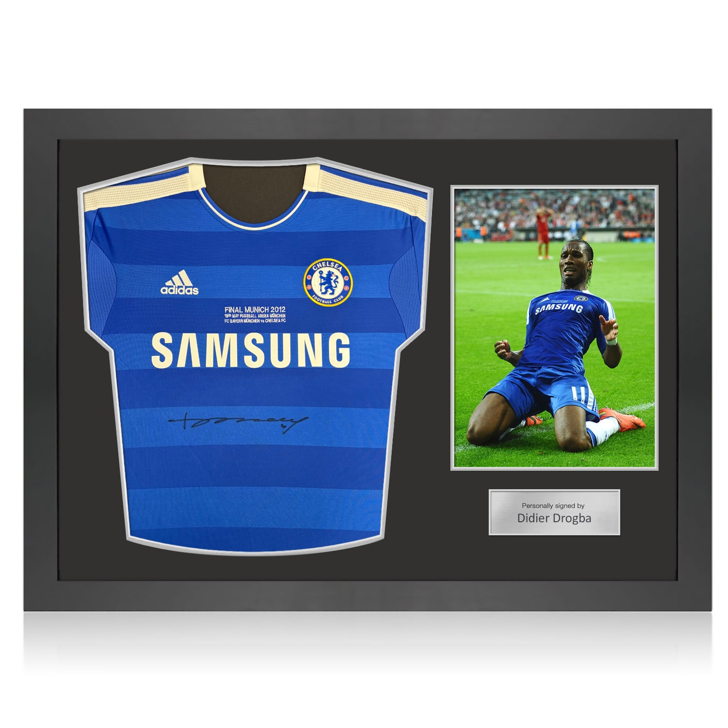 Didier Drogba Front Signed Original Chelsea 2011-12 Football Shirt: UCL Embroidery. Icon Frame