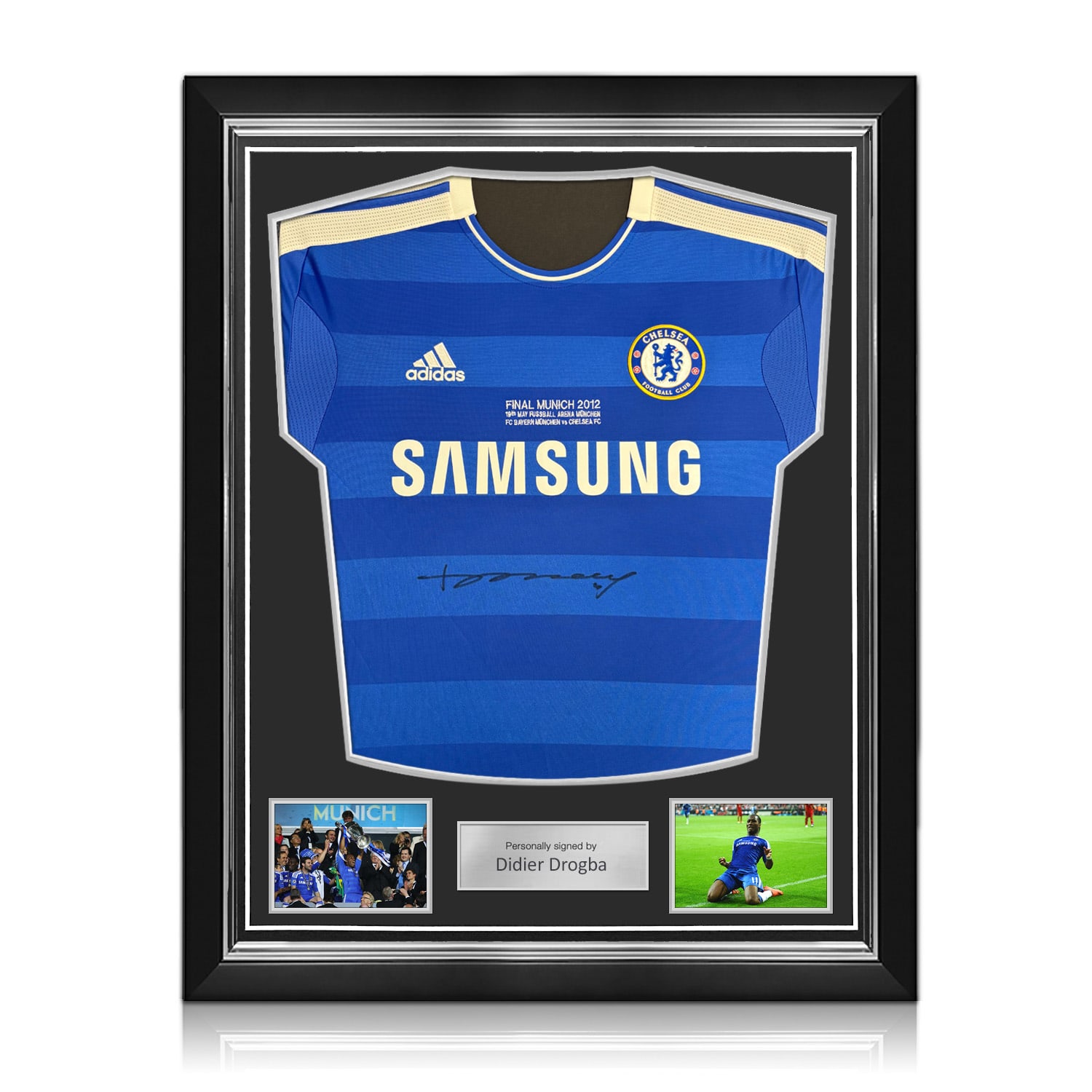 Didier Drogba Front Signed Original Chelsea 2011-12 Football Shirt: UCL Embroidery. Superior Frame