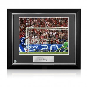 Didier Drogba Signed Chelsea Football Photo: UCL Penalty. Deluxe Frame