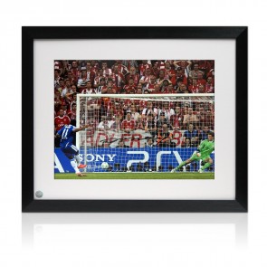 Didier Drogba Signed Chelsea Football Photo: UCL Penalty. Framed