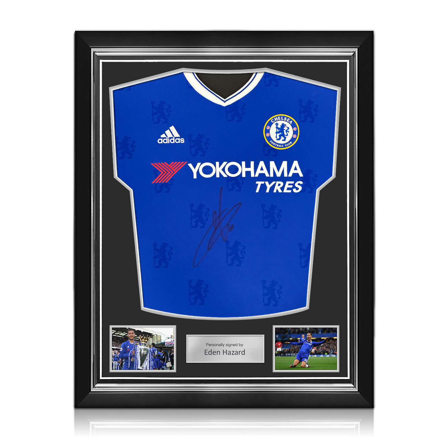 Eden Hazard Front Signed Chelsea 2016-17 Home Football Shirt. Superior Frame