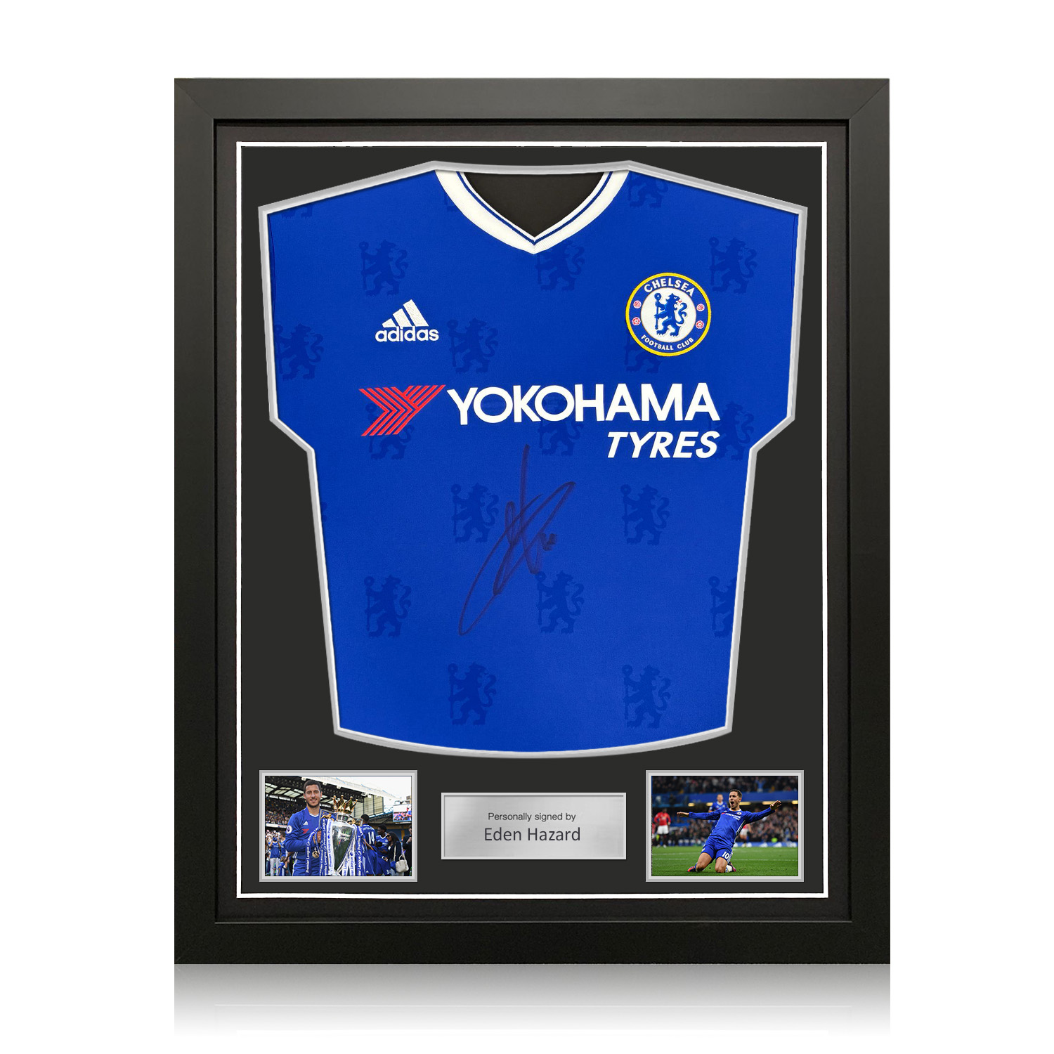 Eden Hazard Front Signed Chelsea 2016-17 Home Football Shirt. Standard Frame