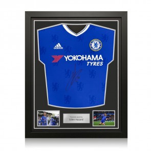 Eden Hazard Front Signed Chelsea 2016-17 Home Football Shirt. Standard Frame