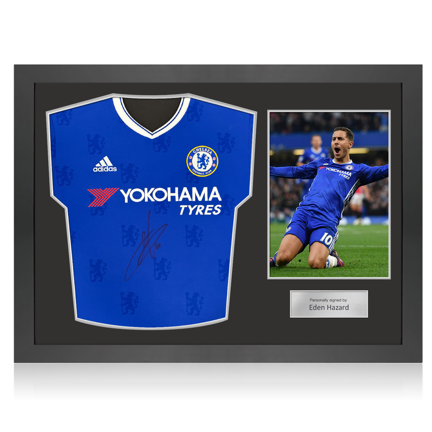 Eden Hazard Front Signed Chelsea 2016-17 Home Football Shirt. Icon Frame