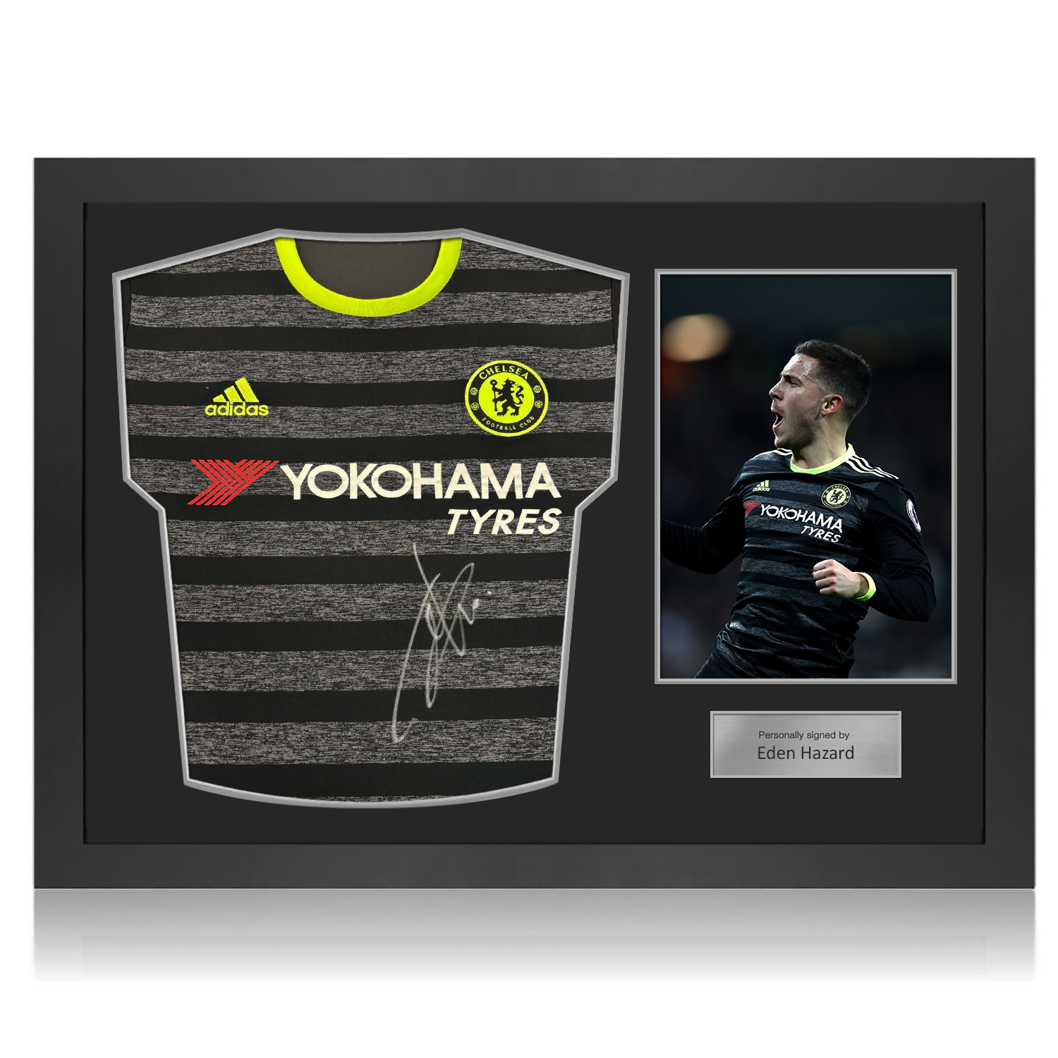 Eden Hazard Front Signed Chelsea 2016-17 Away Football Shirt. Icon Frame