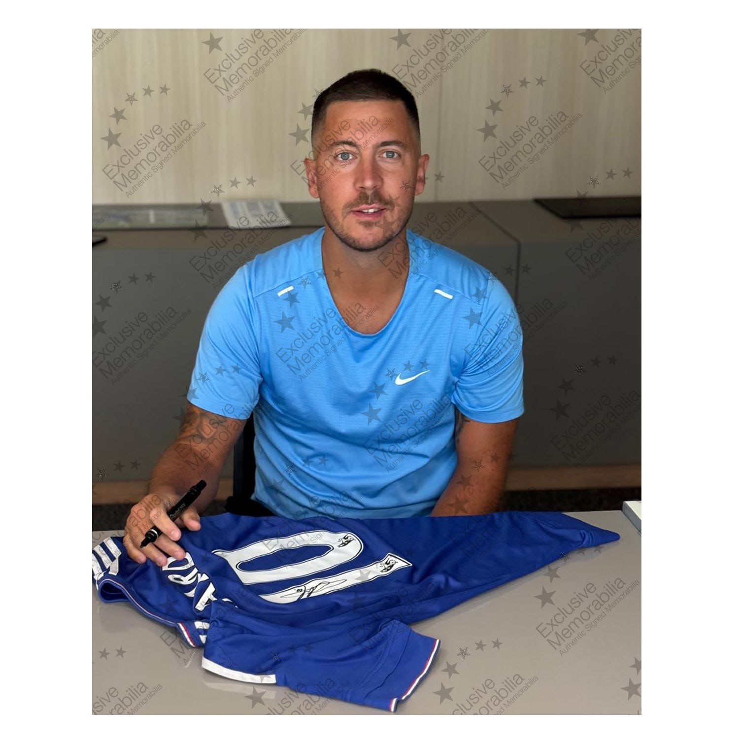 Eden Hazard Signed Chelsea 2015-16 Home Football Shirt. Standard Frame