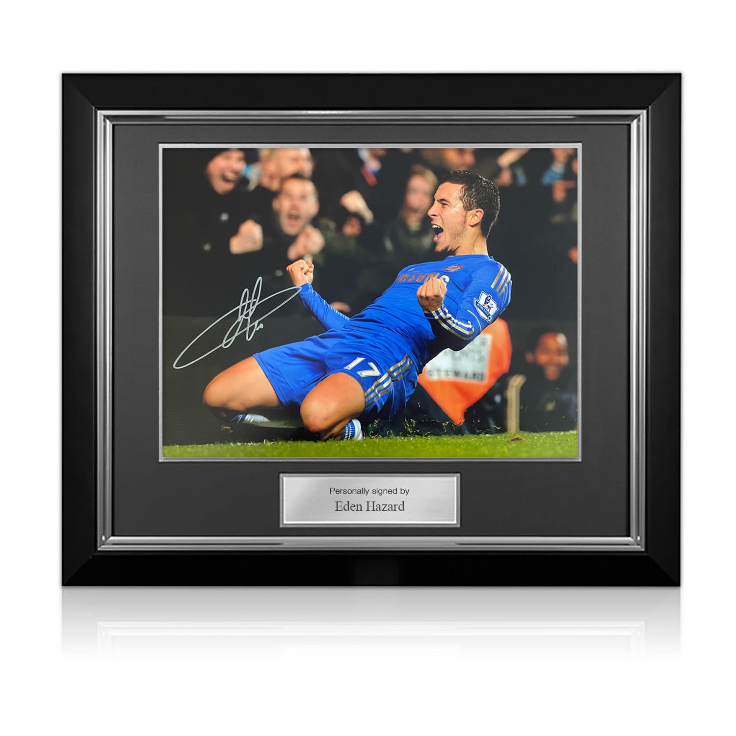 Eden Hazard Signed Chelsea Football Photo: Knee Slide. Deluxe Frame