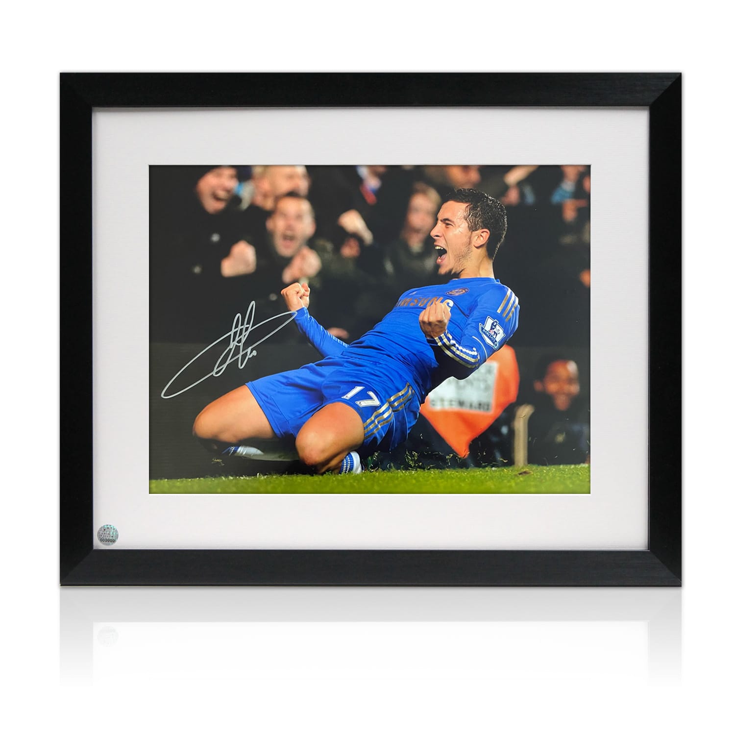 Eden Hazard Signed Chelsea Football Photo: Knee Slide. Framed