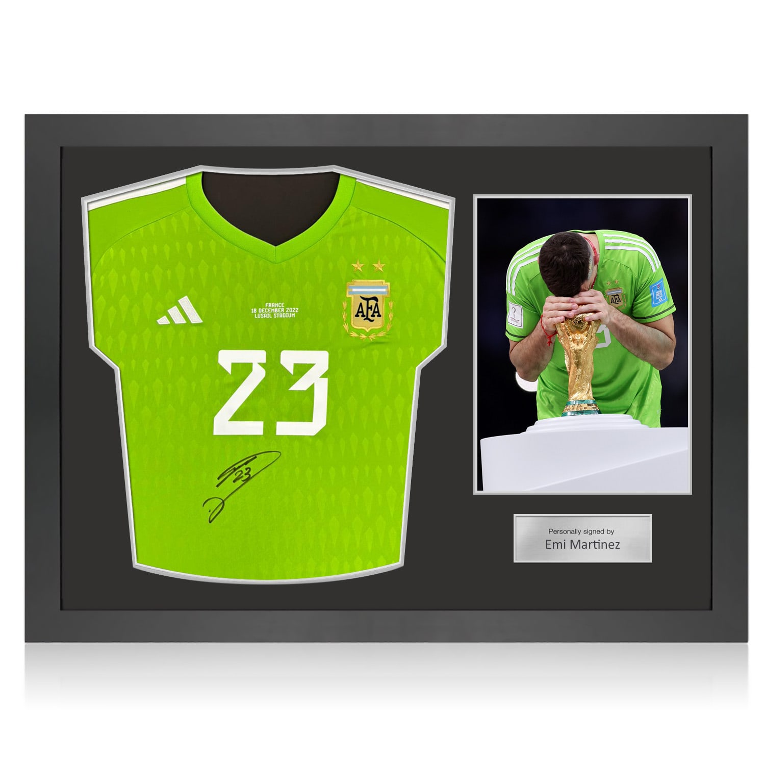 Emi Martinez Front Signed Argentina 2022-23 Home Goalkeeper Shirt. Icon Frame