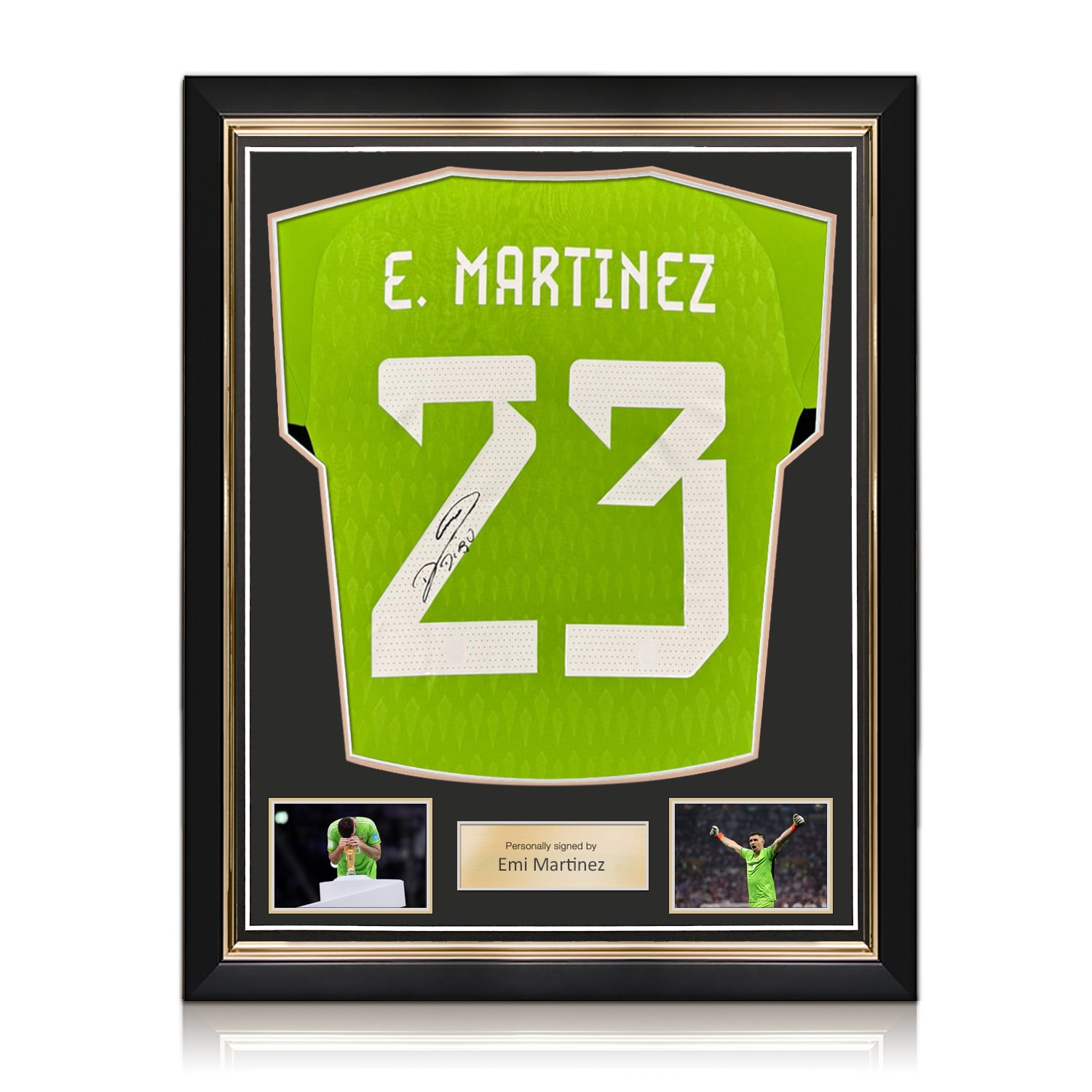 Emi Martinez Back Signed Argentina 2022-23 Home Goalkeeper Shirt: Long Signature. Superior Frame