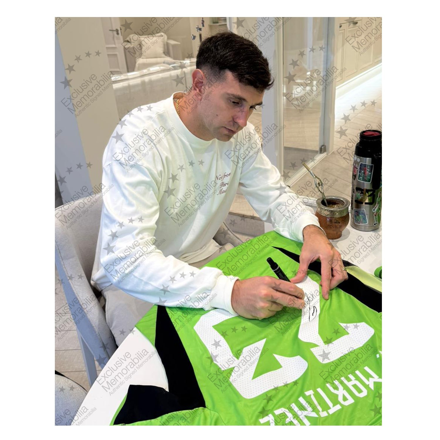 Emi Martinez Back Signed Argentina 2022-23 Home Goalkeeper Shirt: Long Signature. Superior Frame