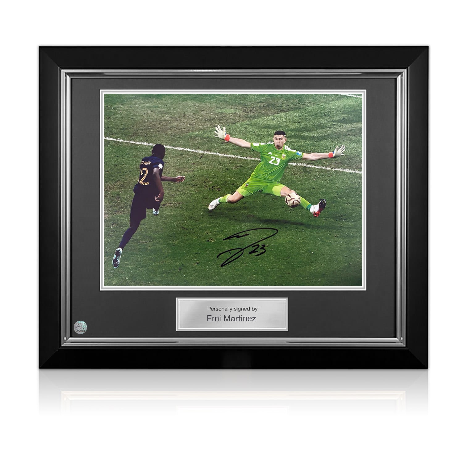 Emi Martinez Signed Argentina Football Photo: World Cup Final Save. Deluxe Frame