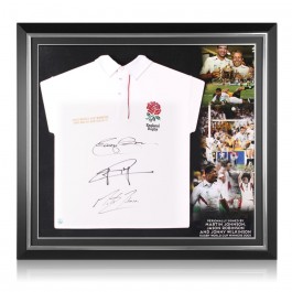  Jason Robinson, Jonny Wilkinson And Martin Johnson Signed England Shirt. Premium Frame