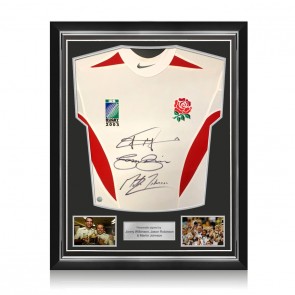 Jonny Wilkinson, Jason Robinson & Martin Johnson Signed 2003 Player Issue England Rugby Shirt. Superior Frame