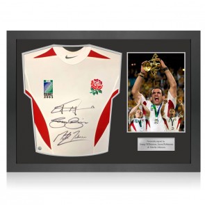 Jonny Wilkinson, Jason Robinson & Martin Johnson Signed 2003 Player Issue England Rugby Shirt. Icon Frame