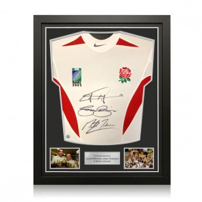 Jonny Wilkinson, Jason Robinson & Martin Johnson Signed 2003 Player Issue England Rugby Shirt. Standard Frame