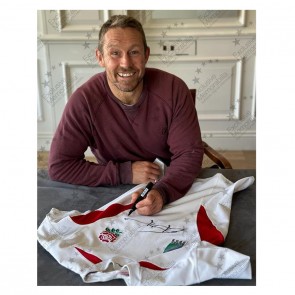 Jonny Wilkinson, Jason Robinson & Martin Johnson Signed 2003 Player Issue England Rugby Shirt. Standard Frame