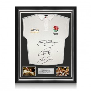 Jason Robinson, Jonny Wilkinson & Martin Johnson Signed England Rugby Shirt: Champions Embroidery. Superior Frame