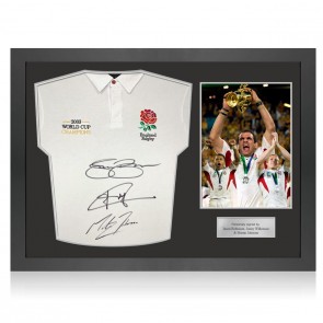Jason Robinson, Jonny Wilkinson & Martin Johnson Signed England Rugby Shirt: Champions Embroidery. Icon Frame