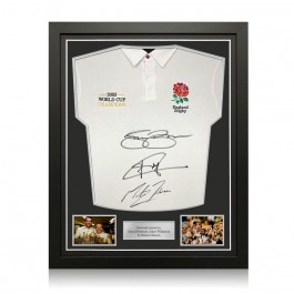 Jason Robinson, Jonny Wilkinson & Martin Johnson Signed England Rugby Shirt: Champions Embroidery. Standard Frame