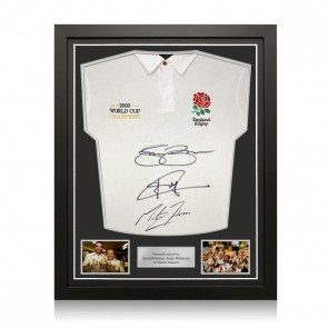 Jason Robinson, Jonny Wilkinson & Martin Johnson Signed England Rugby Shirt: Champions Embroidery. Standard Frame