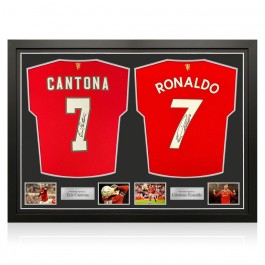 Cristiano Ronaldo And Eric Cantona Signed Manchester United 2021-22 Football Shirts. Dual Frame