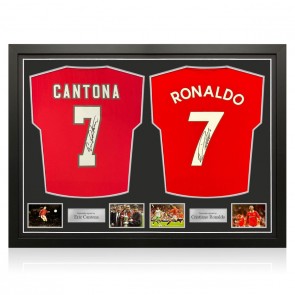 Eric Cantona & Cristiano Ronaldo Signed Manchester United 2022-23 Football Shirts. Dual Frame