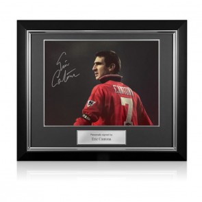 Eric Cantona Signed Manchester United Football Photo: Le King. Deluxe Frame