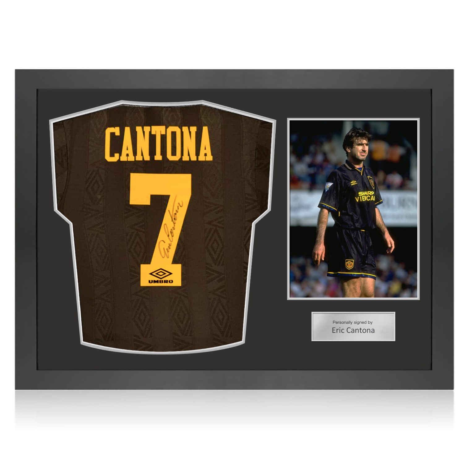 Eric Cantona Signed Original Manchester United 1994-96 Away Football Shirt (Original Print). Icon Frame