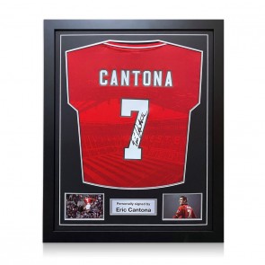 Eric Cantona Signed 1996 Manchester United Football Shirt. Standard Frame