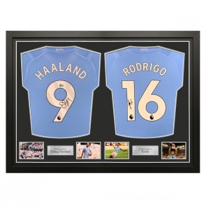 Erling Haaland And Rodri Signed Manchester City 2023-24 Football Shirts. Dual Frame