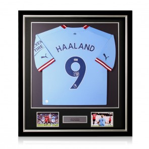 Erling Haaland Signed Manchester City 2022-23 Football Shirt. Deluxe Frame