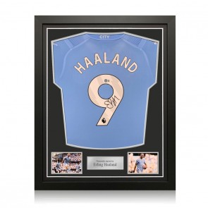 Erling Haaland Signed Manchester City 2023-24 Football Shirt. Standard Frame