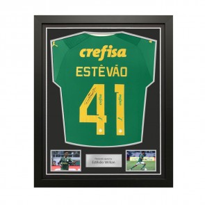 Estêvão Willian Signed Palmeiras 2024-25 Home Football Shirt. Standard Frame