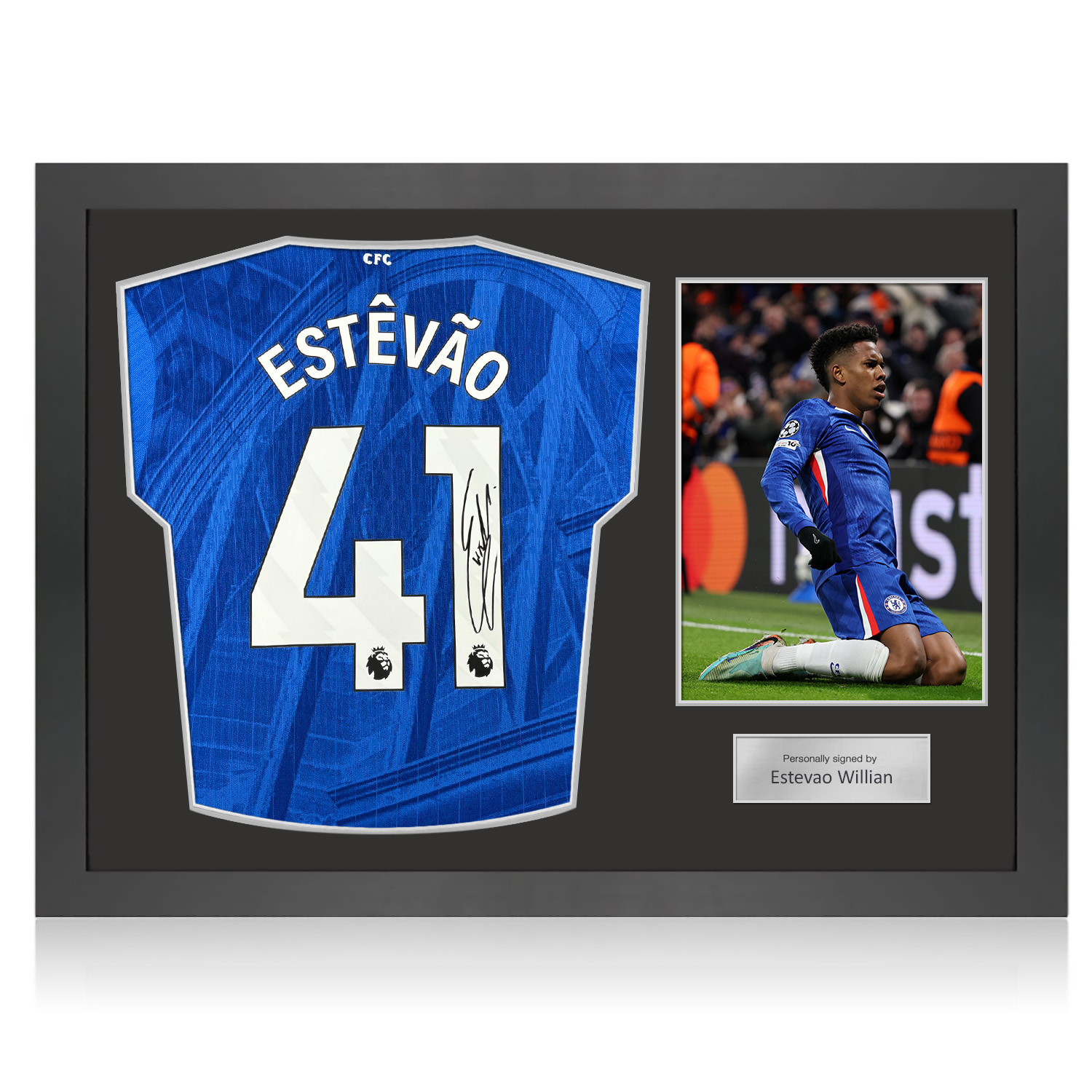Estevao Willian Signed Authentic Chelsea 2025-26 Home Football Shirt. Icon Frame