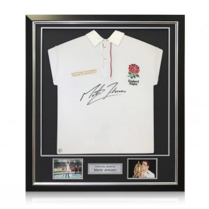 Martin Johnson Signed England Rugby Shirt. Deluxe Frame