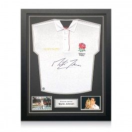 Martin Johnson Signed England Rugby Shirt. Standard Frame