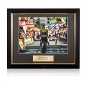 Geraint Thomas Signed Tour De France Photo: Alpe D'Huez Finishing Line. Deluxe Framed