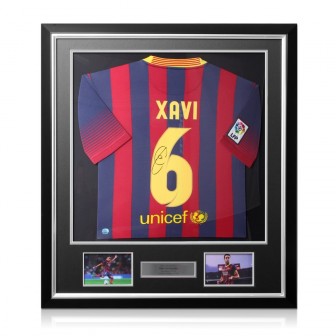Xavi Hernandez Signed Barcelona 2013-14 Football Shirt. Deluxe Frame