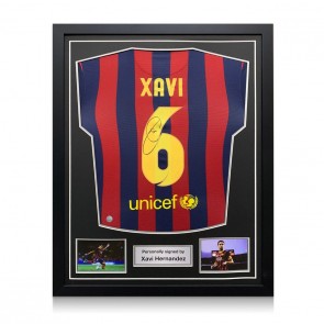 Xavi Hernandez Signed Barcelona 2013-14 Football Shirt. Standard Frame