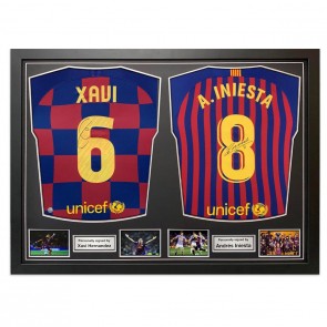 Xavi Hernandez And Andres Iniesta Signed Barcelona Football Shirts. Dual Frame